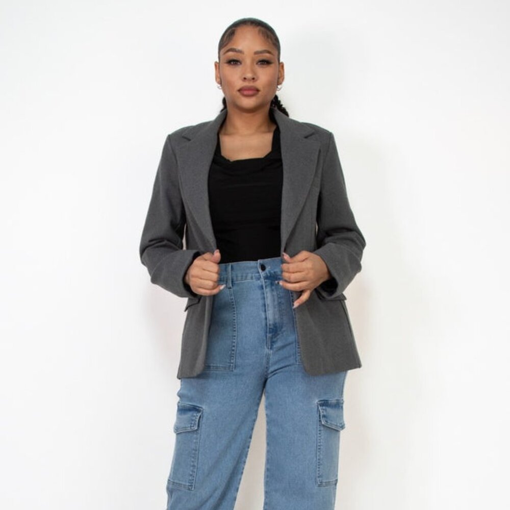 Women's Single-Breasted Herringbone Notch Jacket - Gray